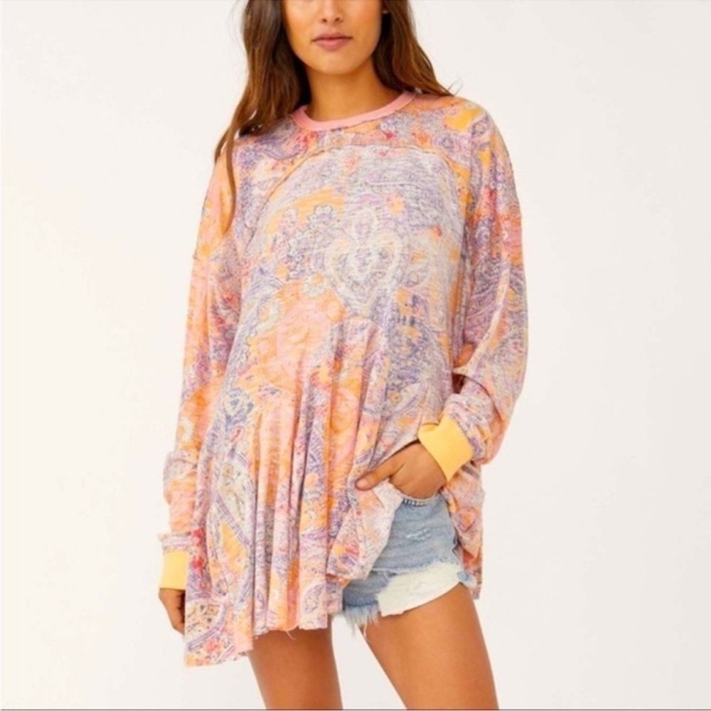 NWT Free People Orange and Pink Paisley Long Sleeve Top sz M